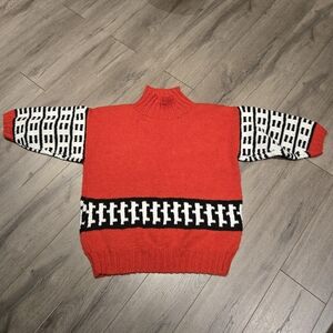 Vintage Hand Knit Mock Turtleneck Sweater With 3/4 Sleeves